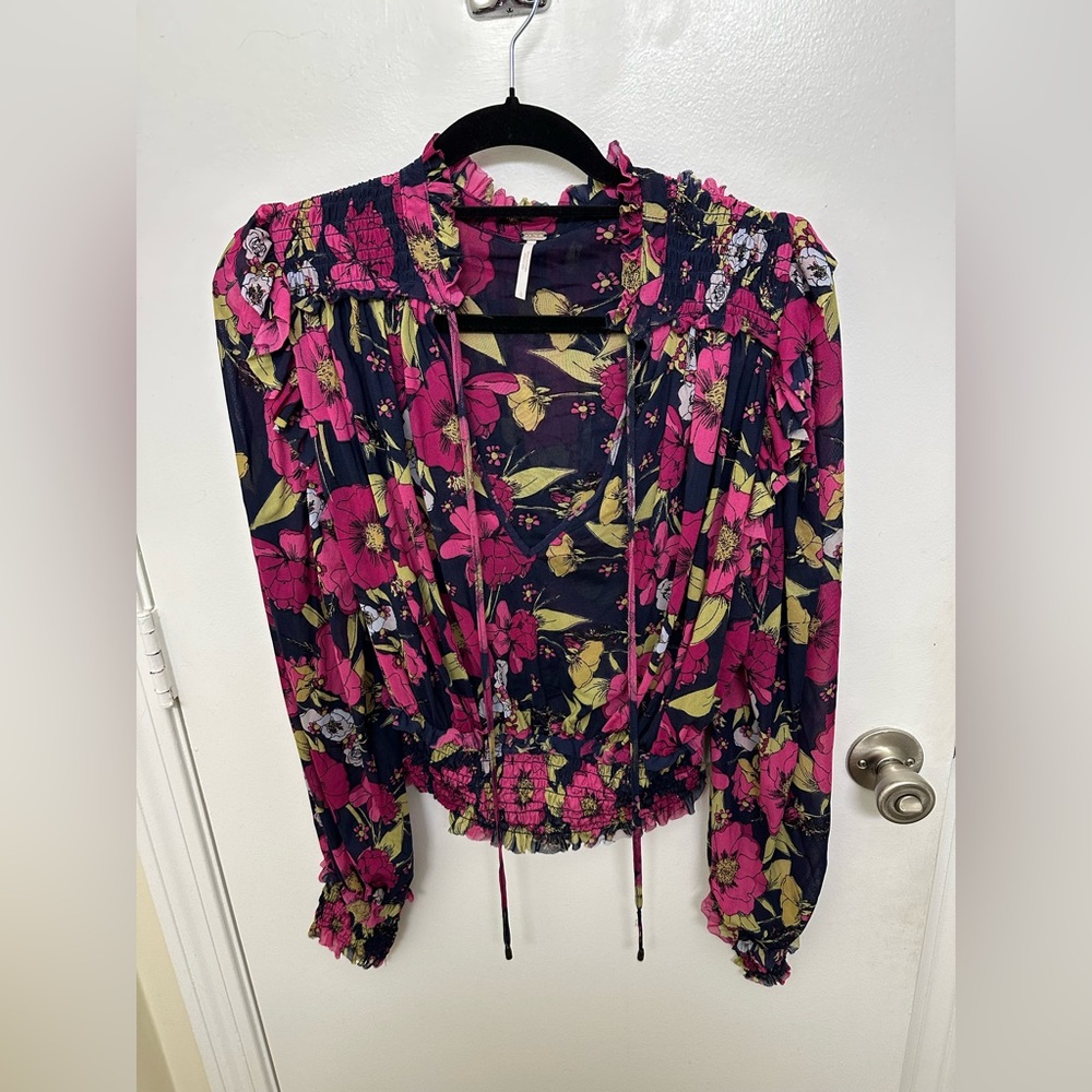 Free People Pink & Black Floral Ruffle Blouse, Size L